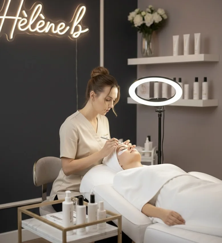 Hélène B en pose d'extension de cils dans son salon