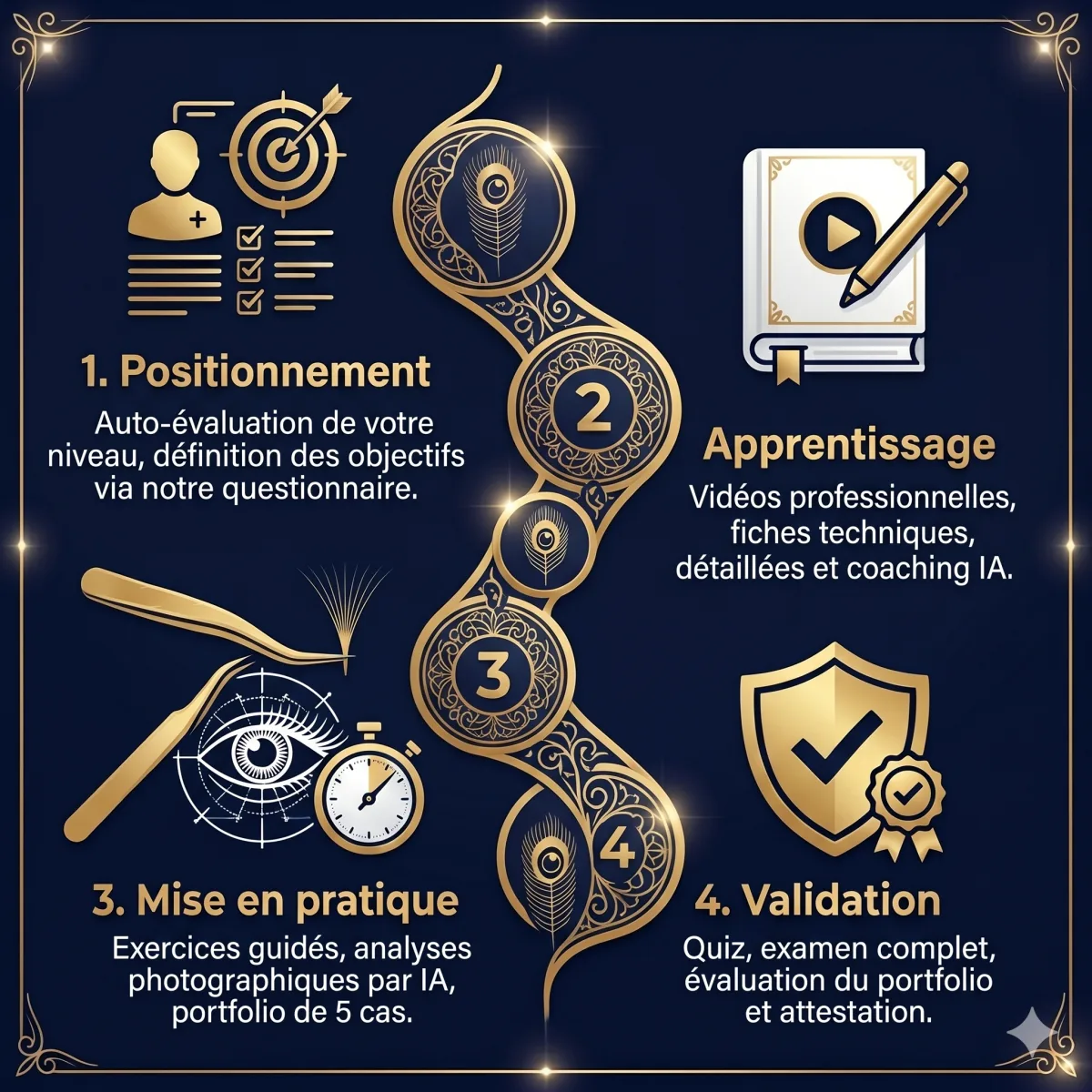 Parcours de formation Helene B en 4 etapes : positionnement, apprentissage avec videos et coaching IA, mise en pratique avec analyses photographiques, validation par quiz et portfolio