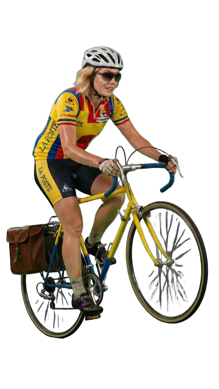 Hélène B en cycliste maillot jaune Tour de France sur vélo La Poste